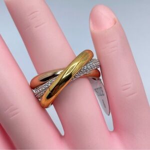 Tri Tone Ring Gold Rose Gold Silver CZ Pave Band Statement Sz 8